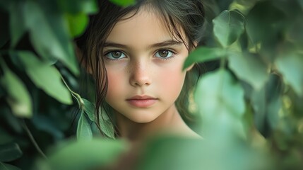 Fototapeta premium Confident girl in a natural setting Portrait of a preteen girl surrounded by greenery