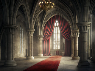 Obraz premium grandiose medieval hall with arched architecture and red curtains
