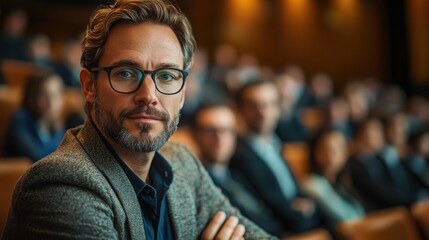 Fototapeta premium A sophisticated man with glasses and a beard looks thoughtfully at the camera in a conference room filled with attendees. The setting is warm and professional.