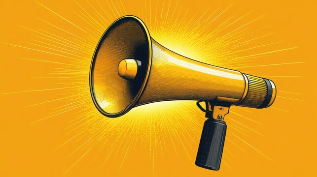 An illustration of a loudspeaker against a bright yellow background, emphasizing creativity and boldness. It captures attention effectively.