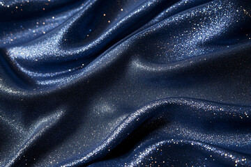 Shiny smooth luxury blue silk fabric. Decorative background for design card, poster, banner for award, reward, Christmas, birthday, wedding. Abstrac curve and wave backdrop template with copy space