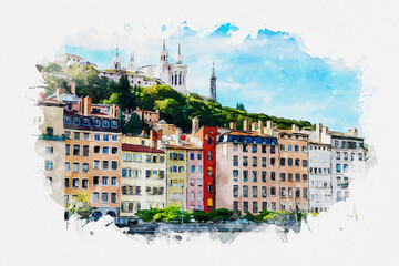 Fototapeta premium Digital watercolor painting of Lyon, France