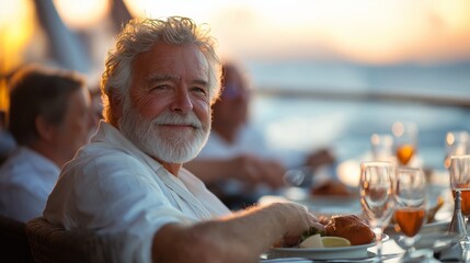 Smiling senior man enjoying outdoor dinner with friends at sunset, symbolizing joy, companionship, and celebration. Warm social scene for themes of friendship, retirement, and quality time