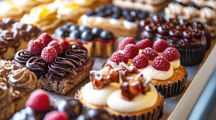Closeup of an elegant pastry and dessert selection in a bakery showcasing the skills of a talented chef in an upscale environment ideal for catering events