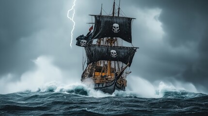 Obraz premium Pirate ship with skull and crossbones sails navigating stormy ocean with lightning strike, symbolizing adventure, danger, and the high seas. Dramatic scene for fantasy, and maritime history