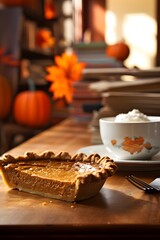 Empty wooden desk in background blurred Pumpkin pie AI generated illustration