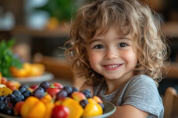 Fototapeta premium A child sitting at a table, eating a healthy snack of fruit and vegetables, smiling happily 
