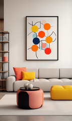 Modern Living Room Interior with Colorful Abstract Art White Sofa and Yellow Pouf