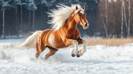 Obraz premium A red Haflinger horse with a white mane gallops through a snowy field showcasing dynamic movement and freedom in a winter landscape Concept equestrian sport
