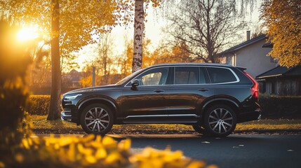 Luxury SUV parked on autumn street at sunset, capturing warmth, comfort, and modern lifestyle in suburban setting. Seasonal atmosphere for themes of elegance, travel, and upscale living