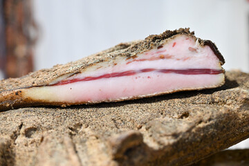Pancetta or bacon is a salami and is a typical food from the Rome area and the Lazio region that is used as a condiment for pasta alla amatriciana, alla gricia and pasta carbonara