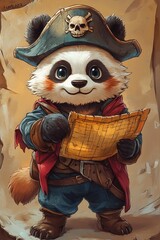 A chubby panda wearing a pirate hat, holding a treasure map and looking for bamboo treasure