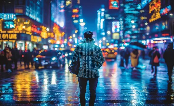 City street with binary code numbers on motion blurred asphalt  road , speed and faster digital matrix technology information concept