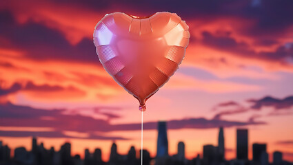 Fototapeta premium Heart-shaped balloon floats against a vibrant sunset cityscape backdrop.