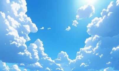 blue sky with fluffy white clouds drifting by, Generative AI