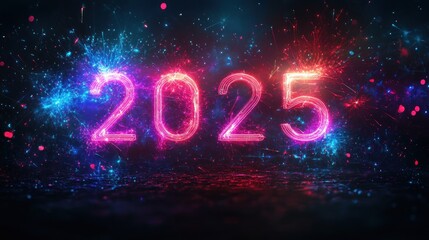 Glowing 2025 in neon lights with sparkling particles.