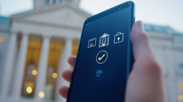 Digital banking concept with bank building model on smartphone, representing finance, technology, and online transactions. Modern fintech theme for mobile banking, security, and innovation
