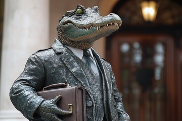 A crocodile dressed as a lawyer, holding a briefcase and standing in front of a courthouse 