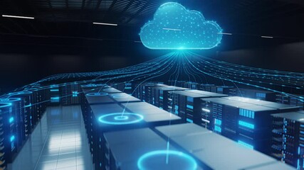 Digital visualization of cloud computing, showing a networked connection between data center servers and cloud storage for data management. - Powered by Adobe