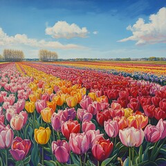 field full of tulips in Holland, bright blue sky,generative ai