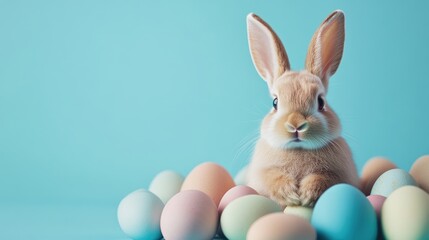 Funny Easter holiday concept featuring a cute little bunny sitting among colorful painted eggs set against a vibrant turquoise background Perfect for greeting cards