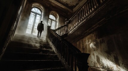 Abandoned Mansion with Haunting Shadows Covering Decaying Grand Staircase