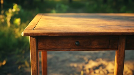 Fototapeta premium Rustic wooden table with drawer in golden sunlight, outdoor setting. Close-up view highlights grain texture and craftsmanship of vintage furniture.