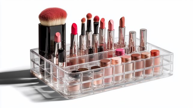 A clear plastic makeup organizer with lipsticks, brushes, and foundations.