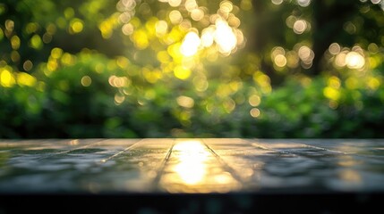 Fototapeta premium Sunlight shining through patterns on a tabletop with a blurred green garden background ideal for a packaging shot concept