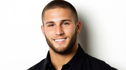 Obraz premium Smiling Young Man with Short Hair Posing Confidently Against a Light Background, Wearing a Black Shirt, Radiating Positivity and Approachability