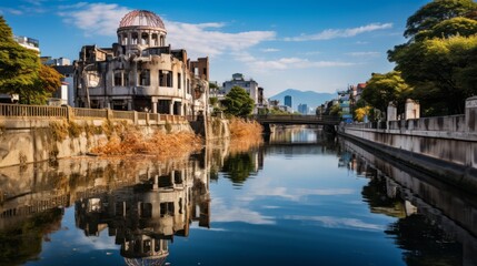 Obraz premium The Serene Path: Exploring the Atomic Bomb Dome and Motoyasu River in Hiroshima, Japan