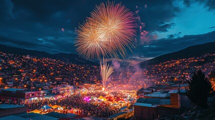 Naklejka premium Nighttime Celebration with Fireworks Over Cityscape