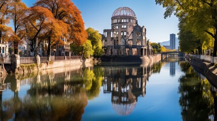 Fototapeta premium Enthralling Scenic Splendor: Gazing upon the Atomic Bomb Dome and Majestic Motoyasu River in Hiroshima, Japan