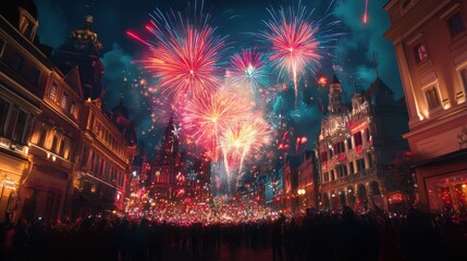 Naklejka premium Nighttime Fireworks Display Over City Street
