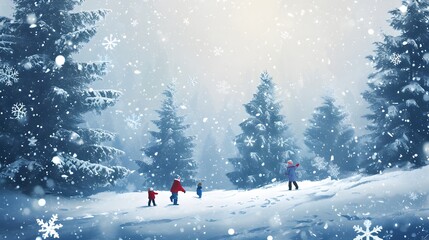magical winter scene with children playing snowflakes and a pine forest AI generated illustration
