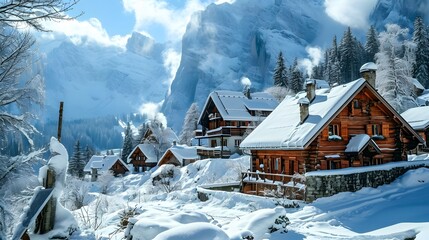 picturesque scene of a snowy mountain village with log houses and fireplaces AI generated illustration
