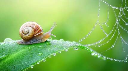 Snail on Green Leaf with Dew Drops and Spider Web in Soft Focus Background, Nature Close-Up with Delicate Details of Insect and Plant Life