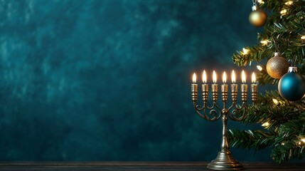 Festive Hanukkah Menorah Christmas Tree Lights Background