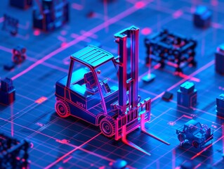 Scientific Illustration of a Forklift on a Gridded Surface, Set Against a Deep Blue Background with Fluorescent Engineering Lines, Captured in a Toy-Like Isometric View Using Tilt-Shift Technique
