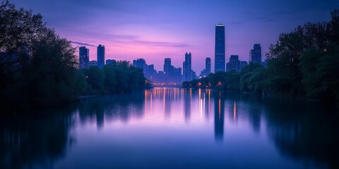 beautiful city skyline with reflections on a calm river at dusk, Generative AI