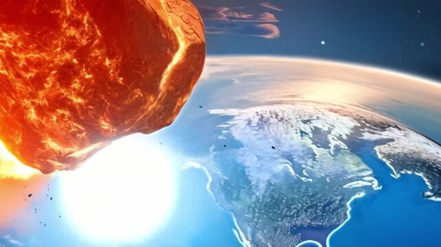 Dramatic cosmic impact massive asteroid collision with Earth unleashes fiery explosions, showcasing power of space and beauty of our universe.