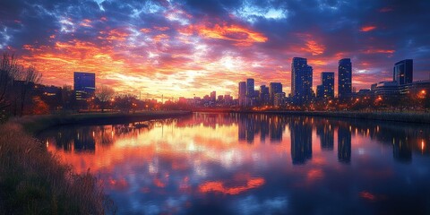 beautiful city skyline with reflections on a calm river at dusk, Generative AI