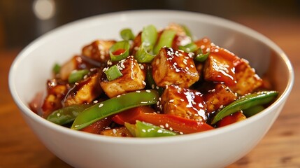 Colorful Stir-Fried Tofu with Bell Peppers and Green Onions in a Bowl, Garnished with Sesame Seeds, Capturing the Essence of Asian Cuisine and Healthy Eating
