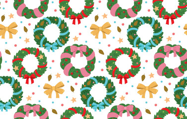 Seamless festive pattern with cute decorations, bows wreaths and cones. Hand drawn colorful background