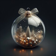 Jolie d&eacute;cor de sapin et des boules dor&eacute;es dans une boule de noel en verrre et un noeud de d&eacute;coration au-dessus