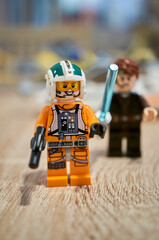 Fototapeta premium Shot of Lego brand Star Wars Wedge Antilles star fighter toy figurines