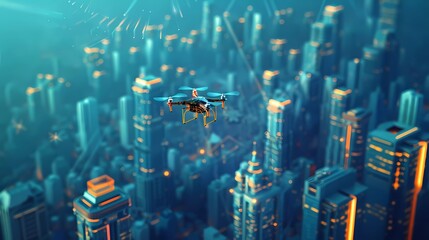 Captivating Scientific Illustration of a City Skyline with High-Rises and a Drone, Set Against a Deep Blue Background and Rendered with a Tilt-Shift Lens for a Miniature Effect