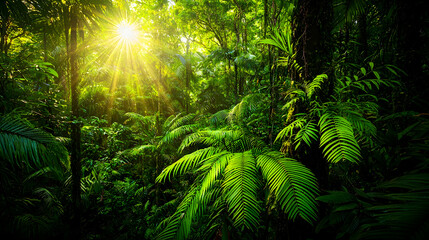 Obraz premium Sunlight Through Lush Green Jungle Leaves - Realistic Image