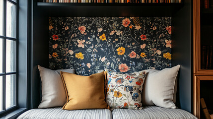 Detailed view of a floral accent wall in a cozy reading nook, with matching cushions.