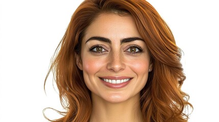 Naklejka premium Vibrant Young Woman with Long Red Hair and Bright Smile on White Background, Perfect for Portrait and Beauty Projects in High Resolution